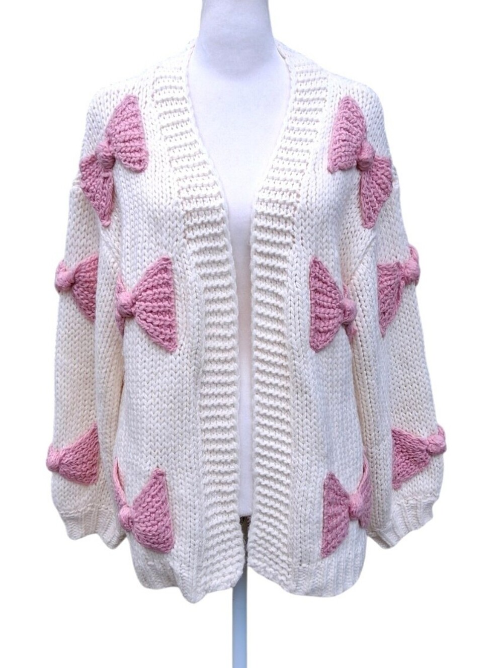 Altar'd State Victoria Bow Cardigan Cream Pink Knit Open Front Sweater Size XS - Picture 2 of 12
